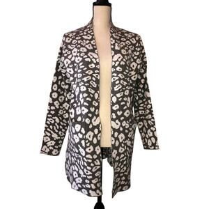 Leopard Print Cardigan Size S Open Front Gray Winter White Long Sweater Pockets